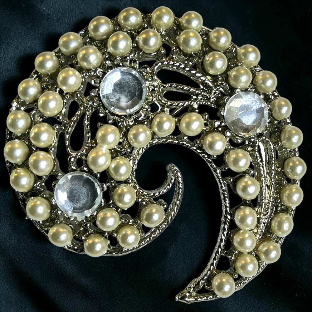 Vintage Faux Pearl Rhinestone Swirl Brooch Silver Tone Filigree Victorian Style